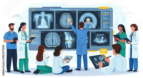Medical professionals analyzing medical images on large screen display in modern hospital setting from various viewpoints