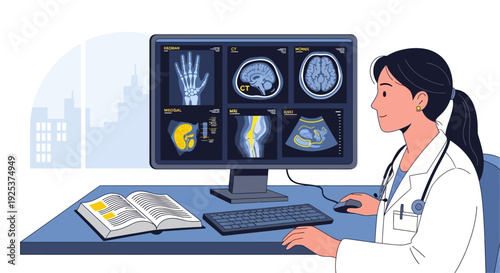 Female doctor analyzing medical images on a computer screen in a clinical setting