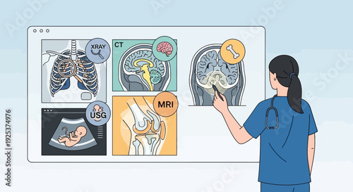 Medical professional analyzing diagnostic images on a computer screen with various anatomical scans