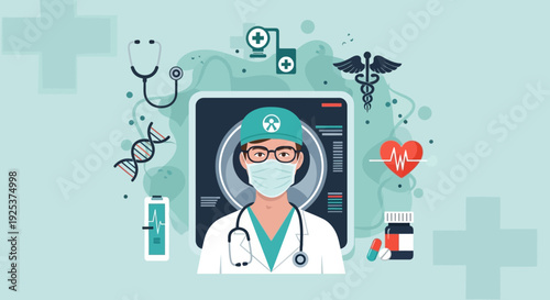 Medical professional surrounded by health symbols and icons on a digital interface