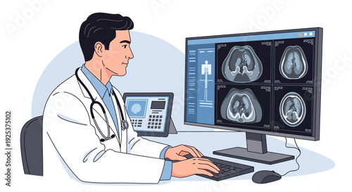 Doctor analyzing medical scans on computer screen in a clinical setting