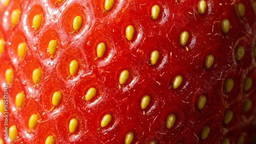 Extreme macro photography of a ripe red strawberry skin texture