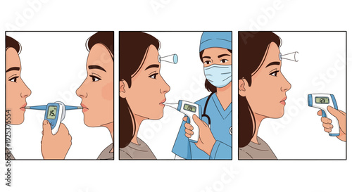 Medical professional using infrared thermometer to check patient's temperature in a clinical setting