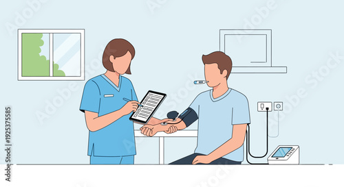 Medical professional examining patient's blood pressure in a clinical setting