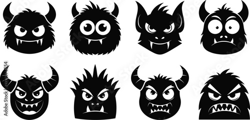 Cute monster silhouette head collection featuring spooky creature faces with horns fangs and angry expressions for Halloween vector design assets set.