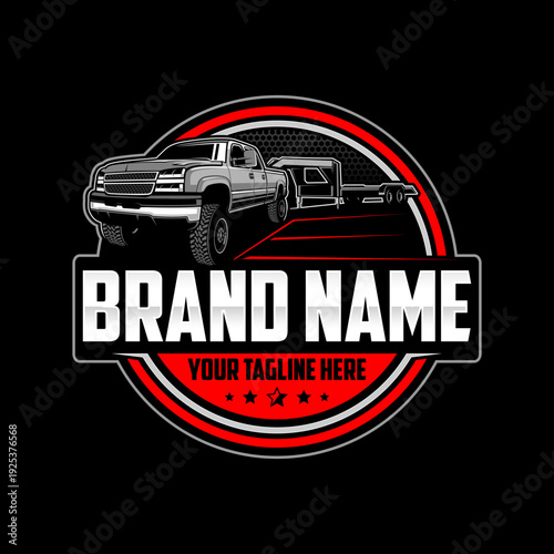 Hotshot Trucking Logo with Pickup and Bumper Pull Trailer, Heavy Duty Transport Vector Illustration