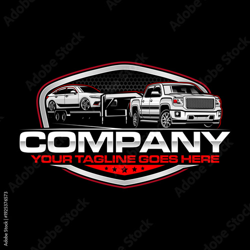 Hotshot Trucking Logo with Pickup and Bumper Pull Trailer, Heavy Duty Transport Vector Illustration