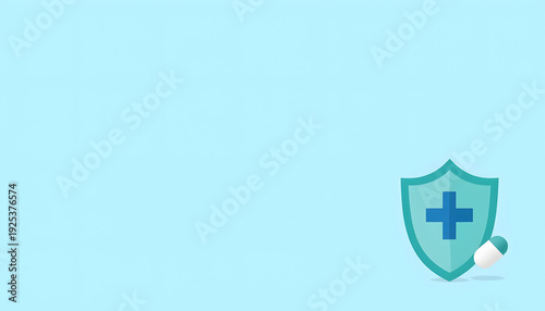 Hydration and immunity concept with shield and tablet on blue background -