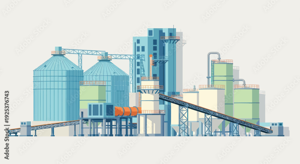 Obraz premium Industrial Cement Factory with Silos and Conveyor Belts.