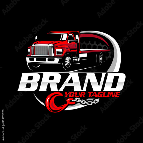 Flatbed Towing Truck Logo Design, Heavy Duty Tow Transport Vector Illustration