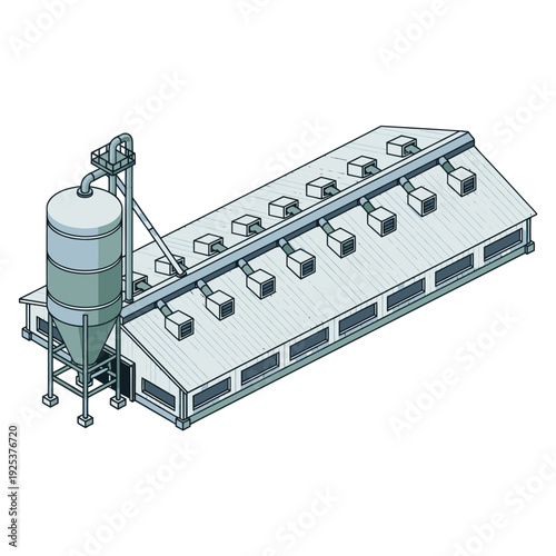Industrial building with a large silo and ventilation system.