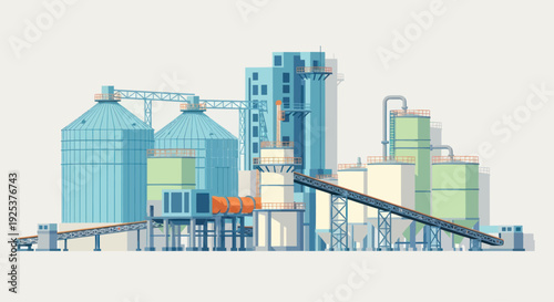 Industrial Cement Factory with Silos and Conveyor Belts.