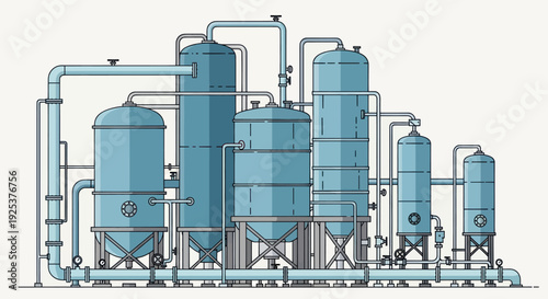 Industrial Chemical Plant Equipment and Machinery Illustration.
