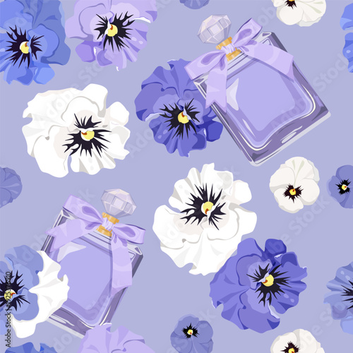 Perfume bottle and pansies against a blue backdrop. A seamless vector illustration that can be used to decorate textiles and packaging.