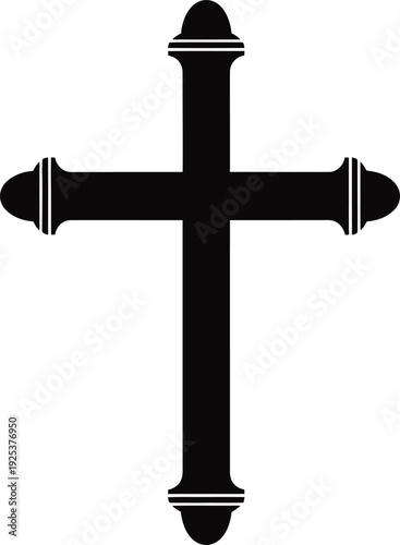 A black cross symbol with ornate details on a white background