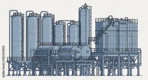 Industrial complex with multiple storage tanks and processing units.