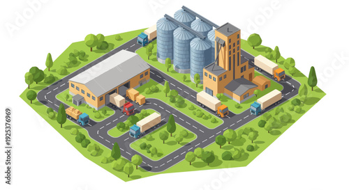 Industrial complex with silos and warehouses and trucks.