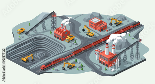 Industrial Mining Operation with Heavy Machinery and Transportation Systems.