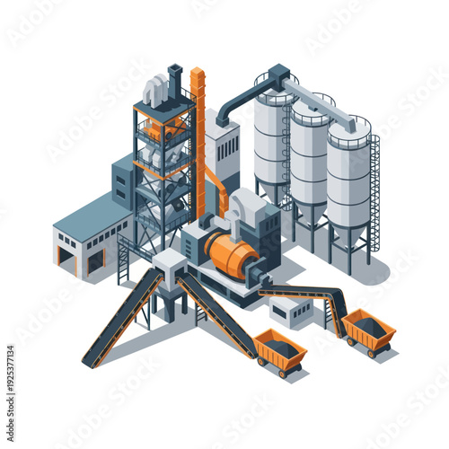 Industrial plant with silos and conveyor belts for material processing.