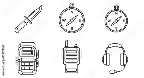 Collection of survival and communication equipment icons.