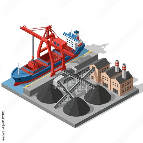 Industrial Port Scene with Cargo Ship and Coal Storage Facilities.