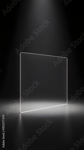Transparent Glowing Glass Panel with Neon Border in Dark Studio for Digital Display Mockup