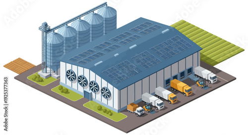 Industrial Warehouse and Silos with Trucks for Logistics.