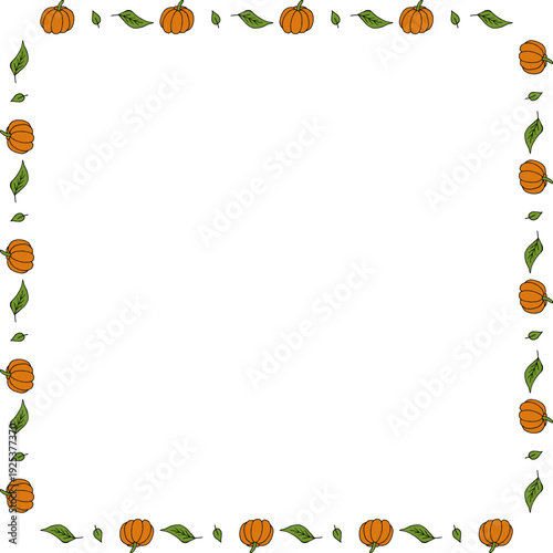 Square frame with autumn doodle pumpkin and leaves on white background.eps