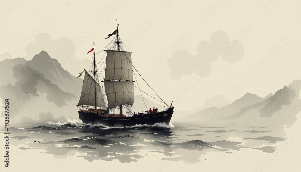 Fototapeta premium Mistcovered Traditional Chinese Junk Calm Sea
