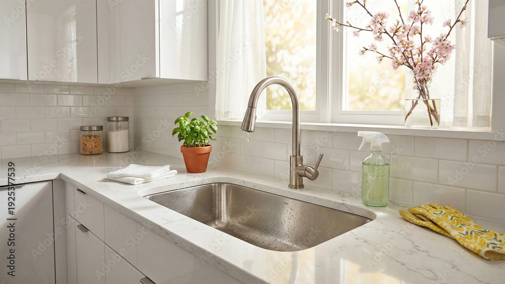 Fototapeta premium Modern kitchen countertop with stainless steel sink and plants 