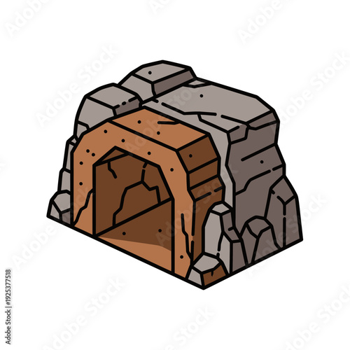 Isometric Cave Entrance Illustration with Rocks and Earth.
