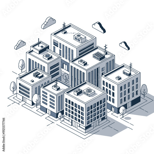 Isometric Cityscape Illustration with Modern Buildings and Urban Elements.