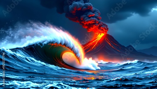 Giant Wave Near Erupting Volcano