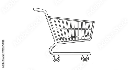 Empty Shopping Cart Icon, Line Art Illustration of a Supermarket Trolley on White Background