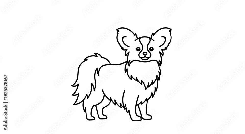 Obraz premium Cute Long-Haired Chihuahua Dog Standing, Black and White Outline Illustration