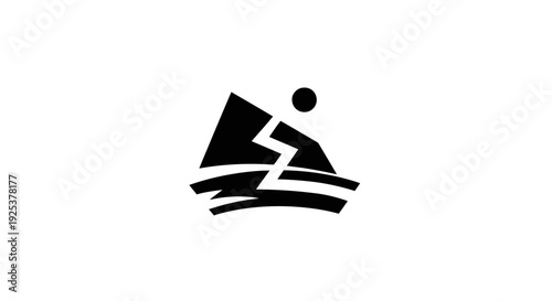 Abstract mountain and water logo with human figure, dynamic black and white design