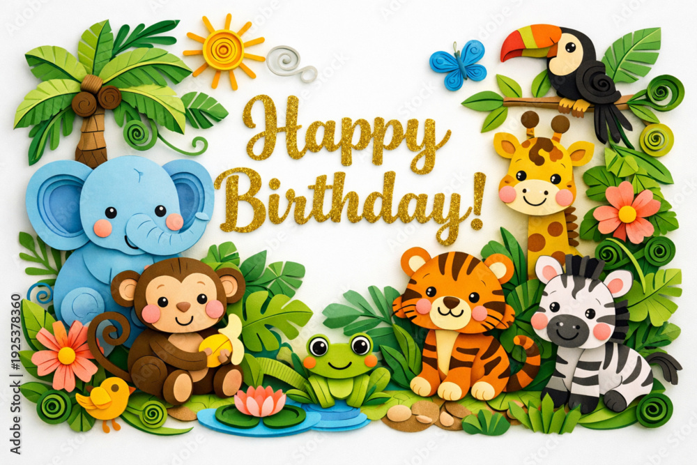 Naklejka premium Adorable Paper Cut Jungle Animals Illustration – “Happy Birthday!” Kids Vector with Gold Glitter Text