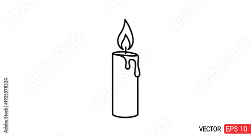 Burning Candle Icon, Simple Line Art, Wax Drip, Flame