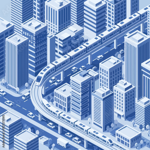 Isometric Cityscape with Elevated Train and Modern Buildings.