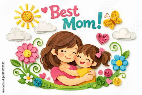 Adorable Paper Cut Mom and Daughter Illustration – “Best Mom!” Kids Vector Artwork