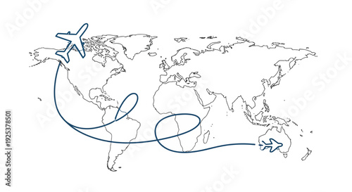 Airplane route across world map, global travel and tourism concept