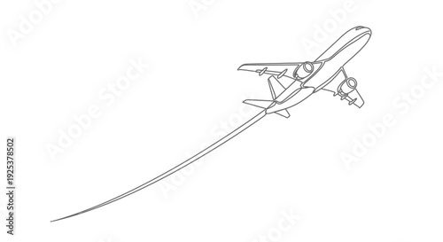 Airplane taking off, leaving a long contrail against a white background, vector illustration