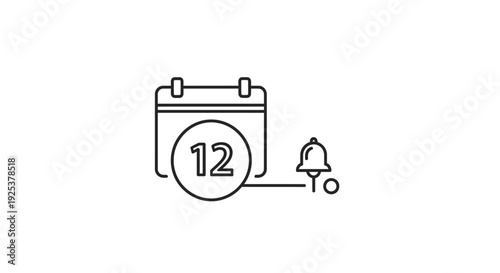 Calendar Reminder Icon with Bell Notification Symbol, Date 12
