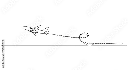 Airplane taking off, leaving a dotted trail in a loop, minimalist line art