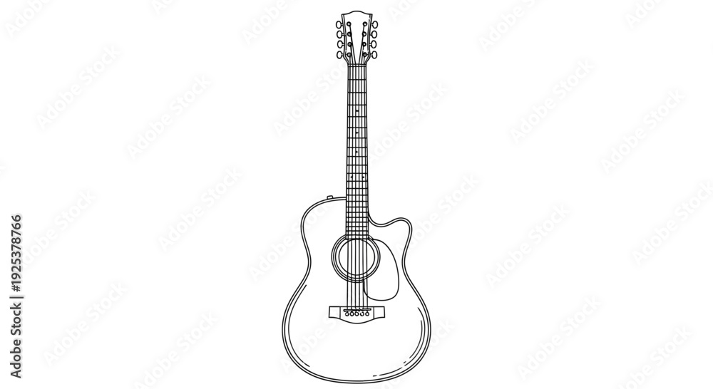 Naklejka premium Acoustic Guitar Line Art Drawing, Musical Instrument Sketch, Isolated on White Background