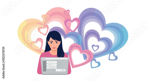 A woman with a laptop surrounded by colorful hearts on a white background with a joyful mood.