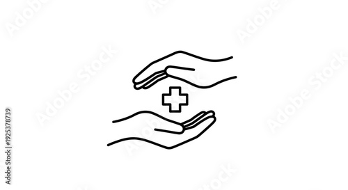 Caring hands protecting medical cross symbol, health care and support concept