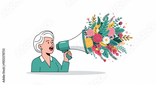 A cartoon senior woman speaking through a megaphone with colorful flowers coming out, on a plain white background.