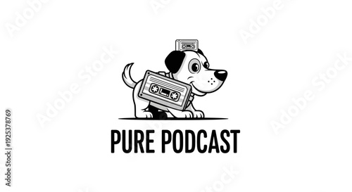 Cartoon Dog with Retro Cassette Tape for Pure Podcast Logo Design