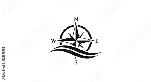 Compass rose with ocean waves, navigation symbol for travel and adventure